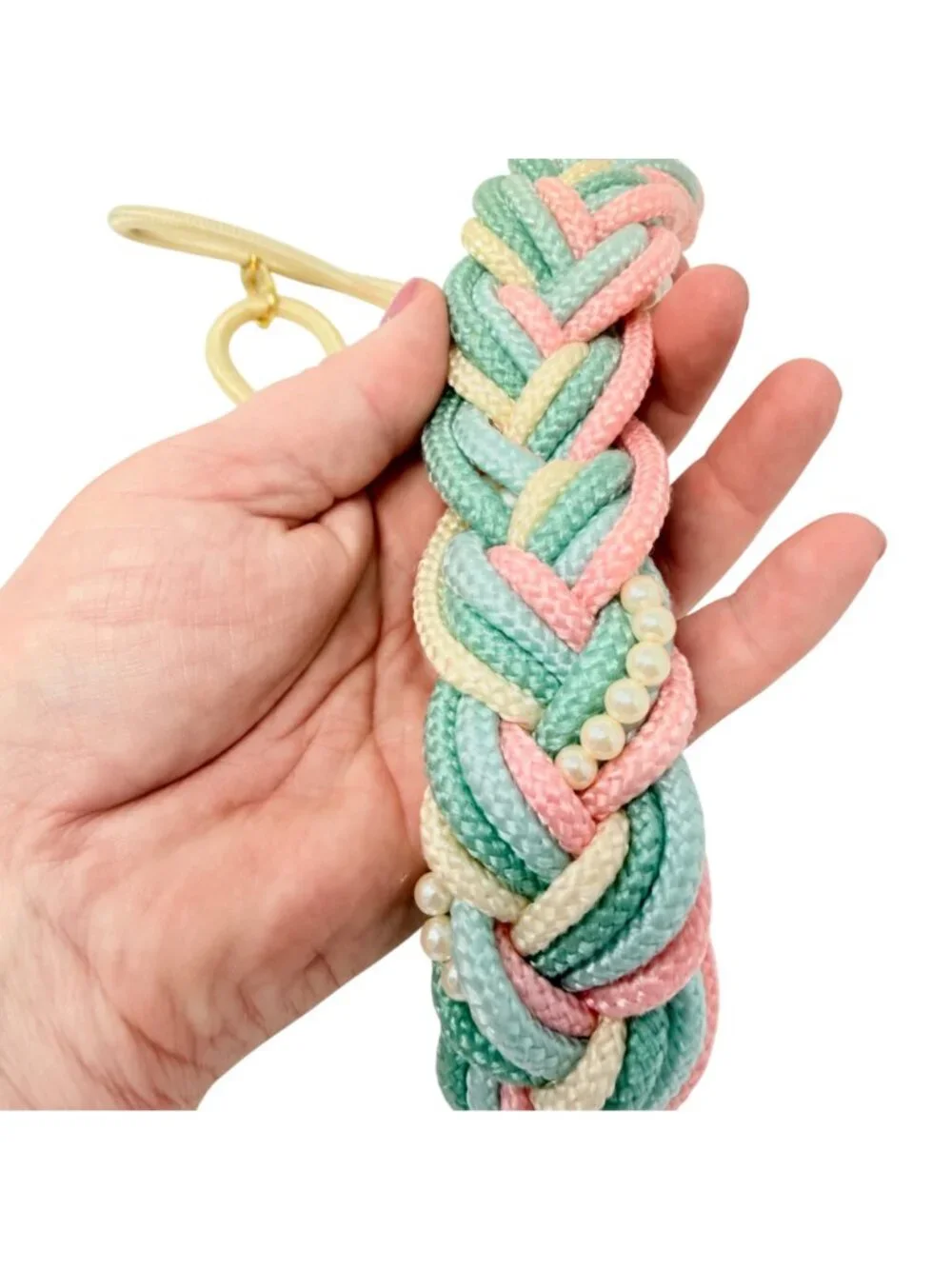 Vintage Pastel Braided Stretch Belt Cream Beaded Pearl Nylon Womens 1980s‎